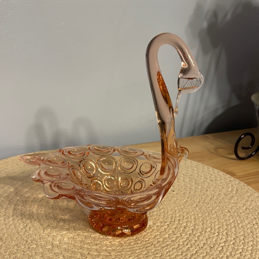 Kanawha Art Glass pink rose Swan Bird Trinket bowl Vtg Hand Blown.